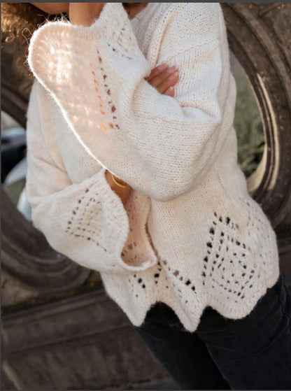 Womens Plus Size Sweater with Hollow Out Irregular Hem Round Neck Knit Top