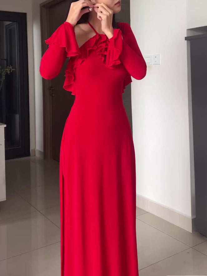 Driedelig rood geplooid halternek broekpak