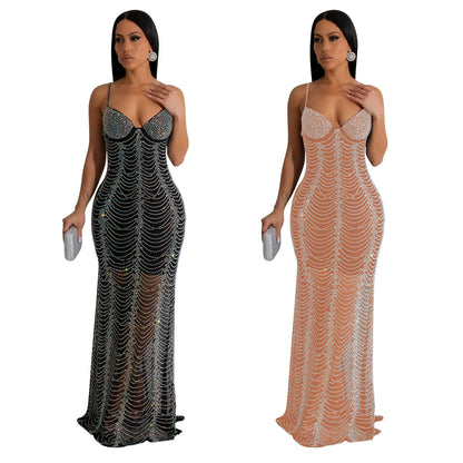 Women's Solid Color Mesh Rhinestone Strap Long Dress
