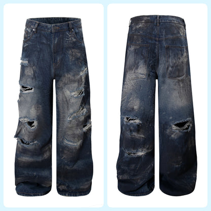 Men's Ripped Wide-Leg Denim Pants