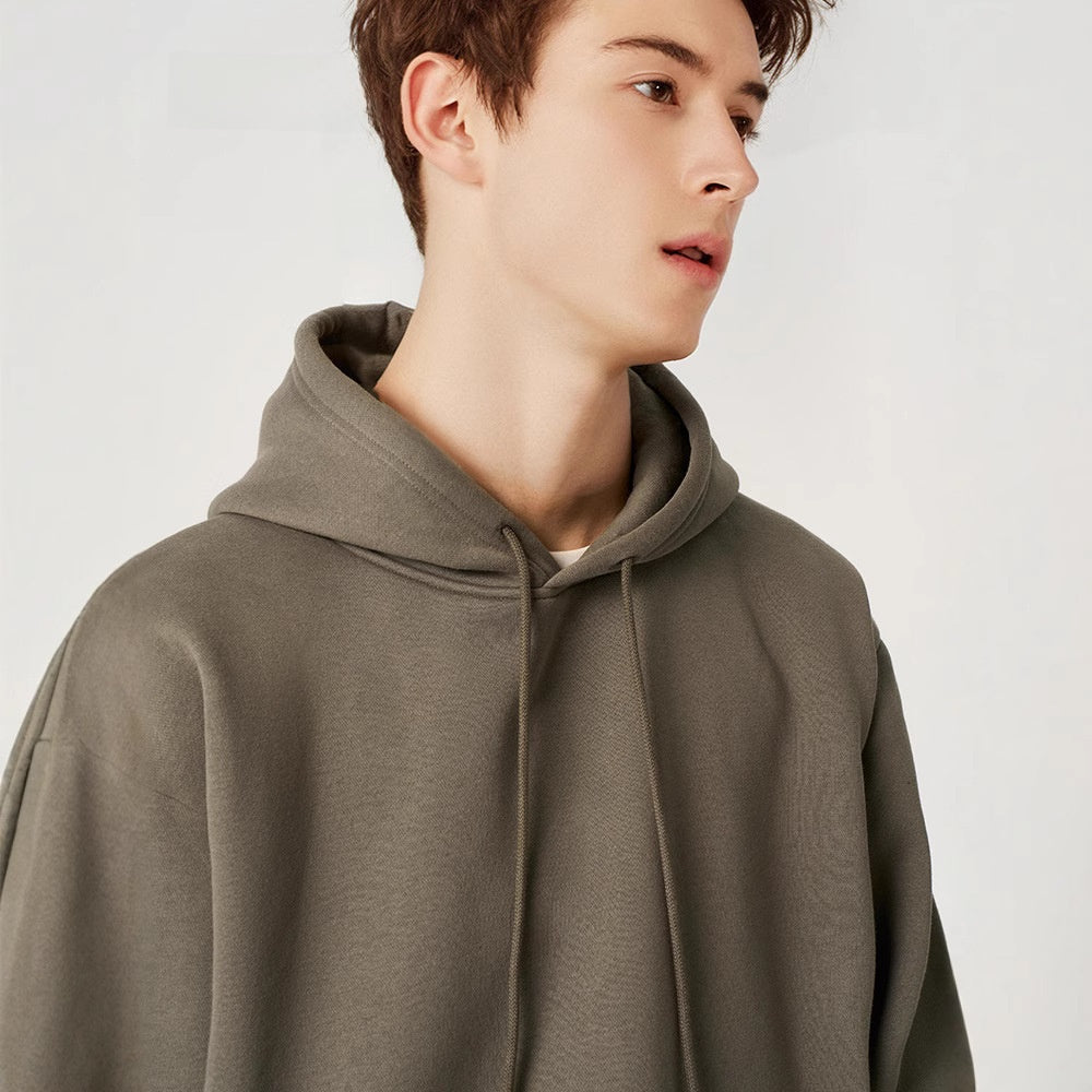 Men Solid Color Fleece Hooded Sweatshirt 350g Heavyweight Pullover
