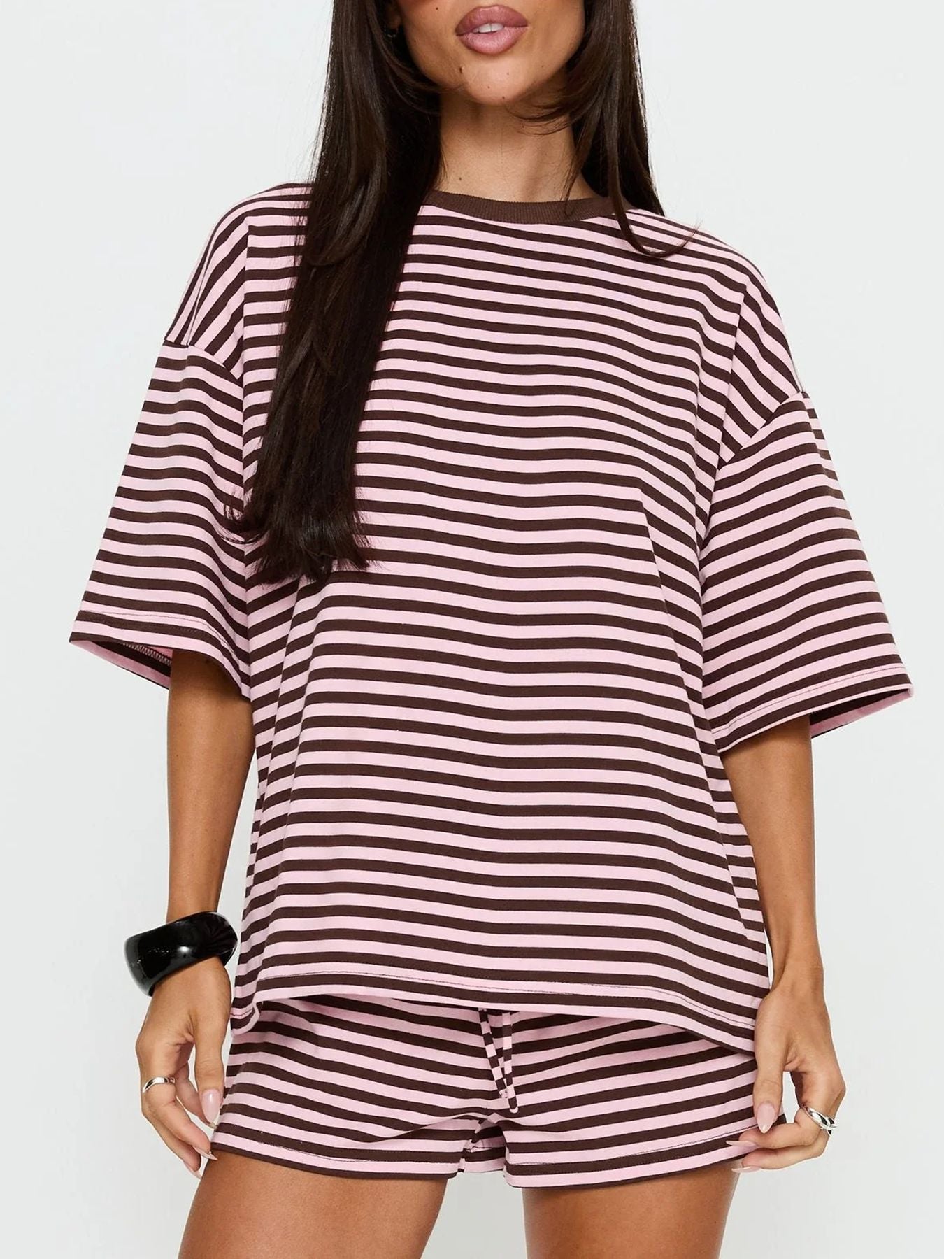 Striped Short Sleeve Top and Drawstring Shorts Set