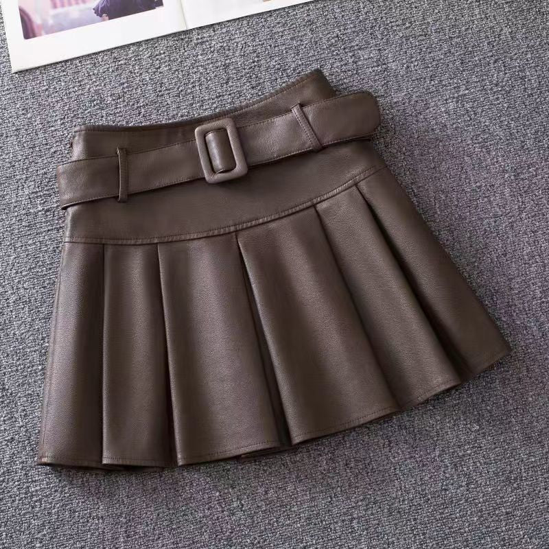 Womens High Waist Pleated PU Skirt