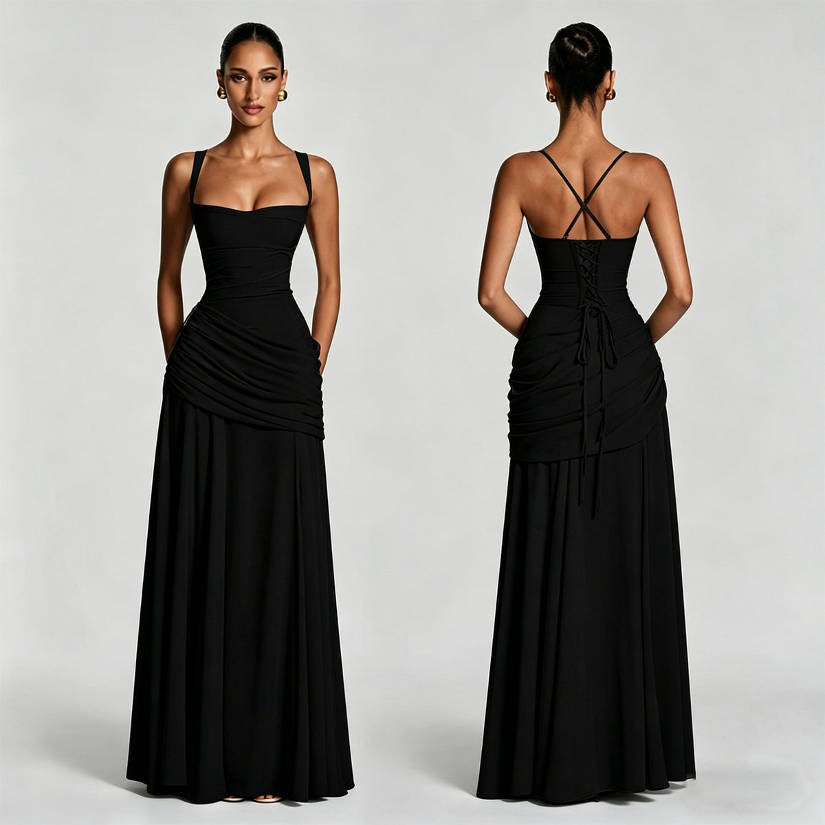 Elegante nauwsluitende chiffonjurk met plooien en vetersluiting op rug