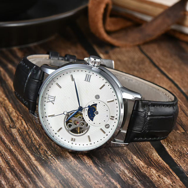 Men's Automatic Mechanical Watch Genuine Leather Strap Waterproof Round Dial Fashion Wristwatch