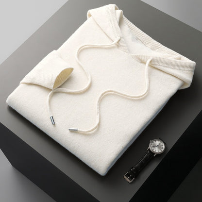 Mens Hooded Cashmere Blend Sweater Solid Color Long Sleeve Knit Pullover