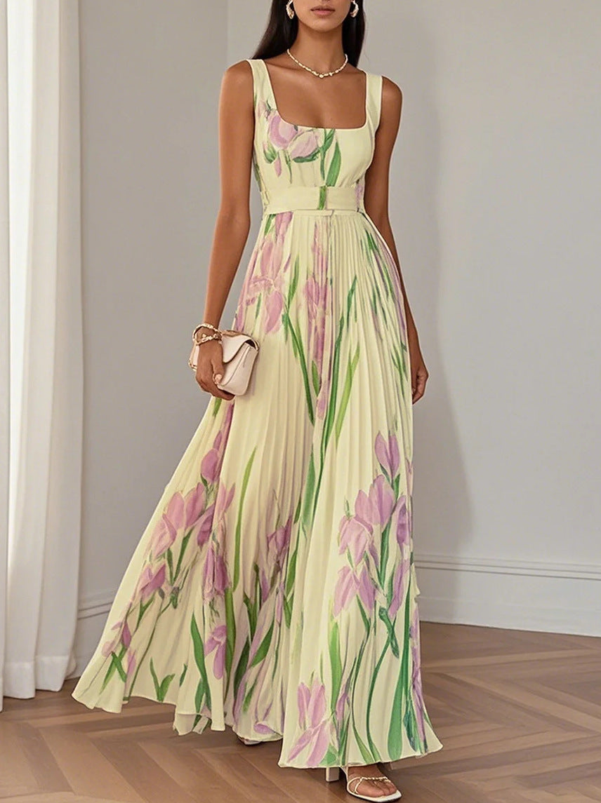 Floral Print Pleated Maxi Dress
