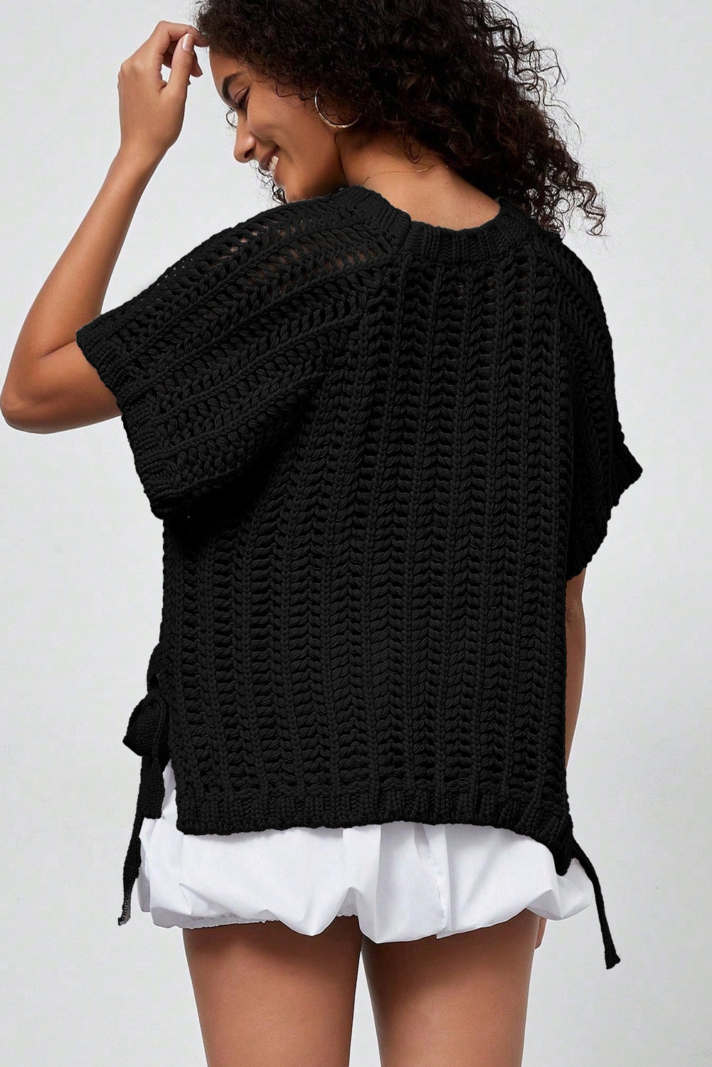 Plus size open gebreide trui met strik en korte mouwen