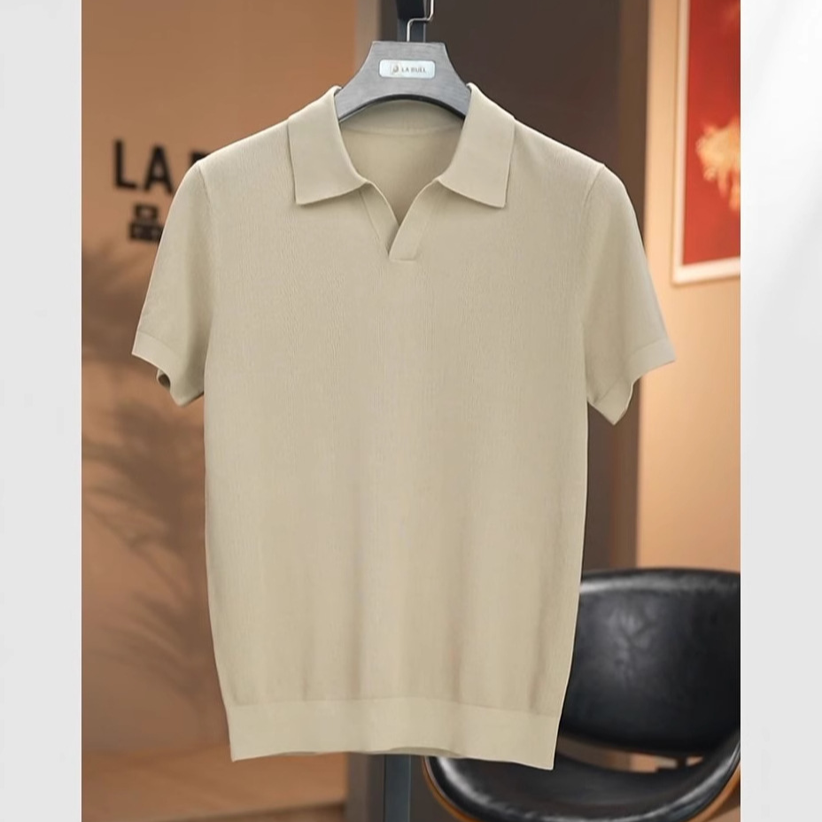 Men's Vintage Mulberry Silk Blend Draped Seagull Collar Polo Shirt