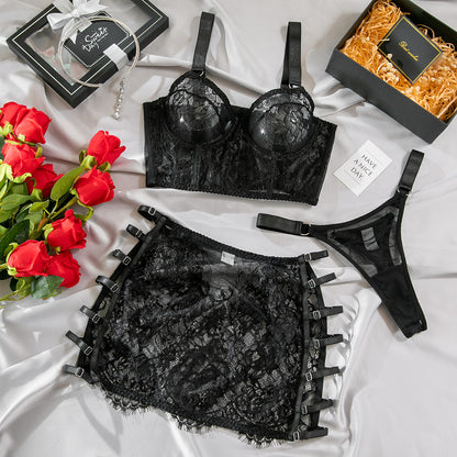 Embroidered Mesh Underwear Set with Steel Rings