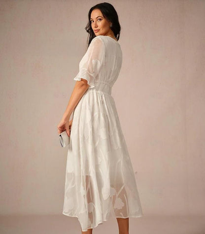 Womens Elegant V-Neck Jacquard A-Line Midi Dress