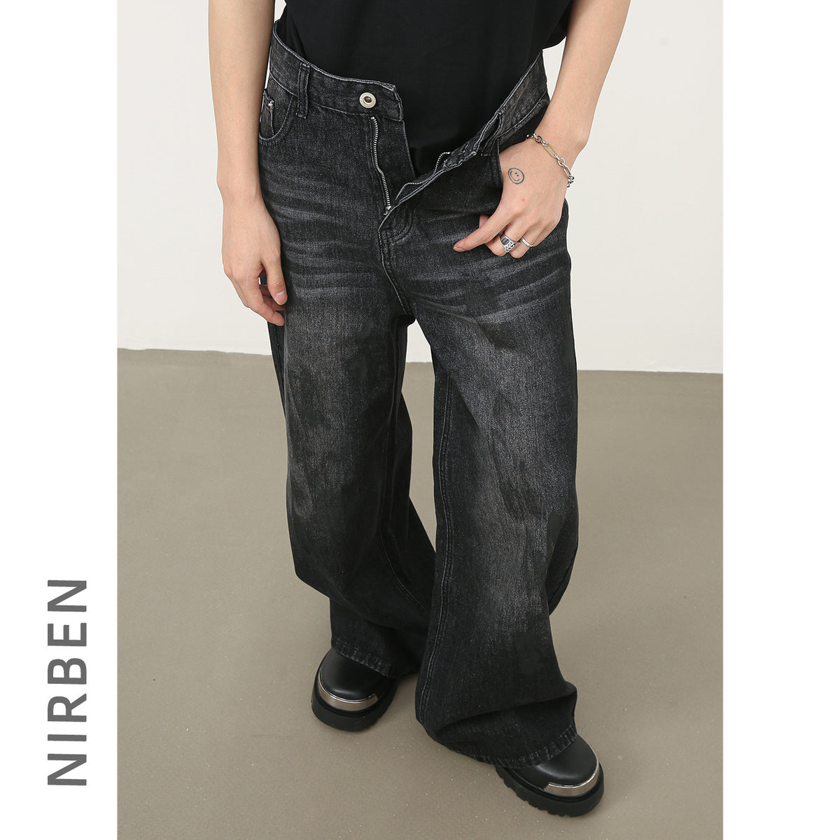 Retro wide-leg denim pants - Men's American-style loose straight-leg pants