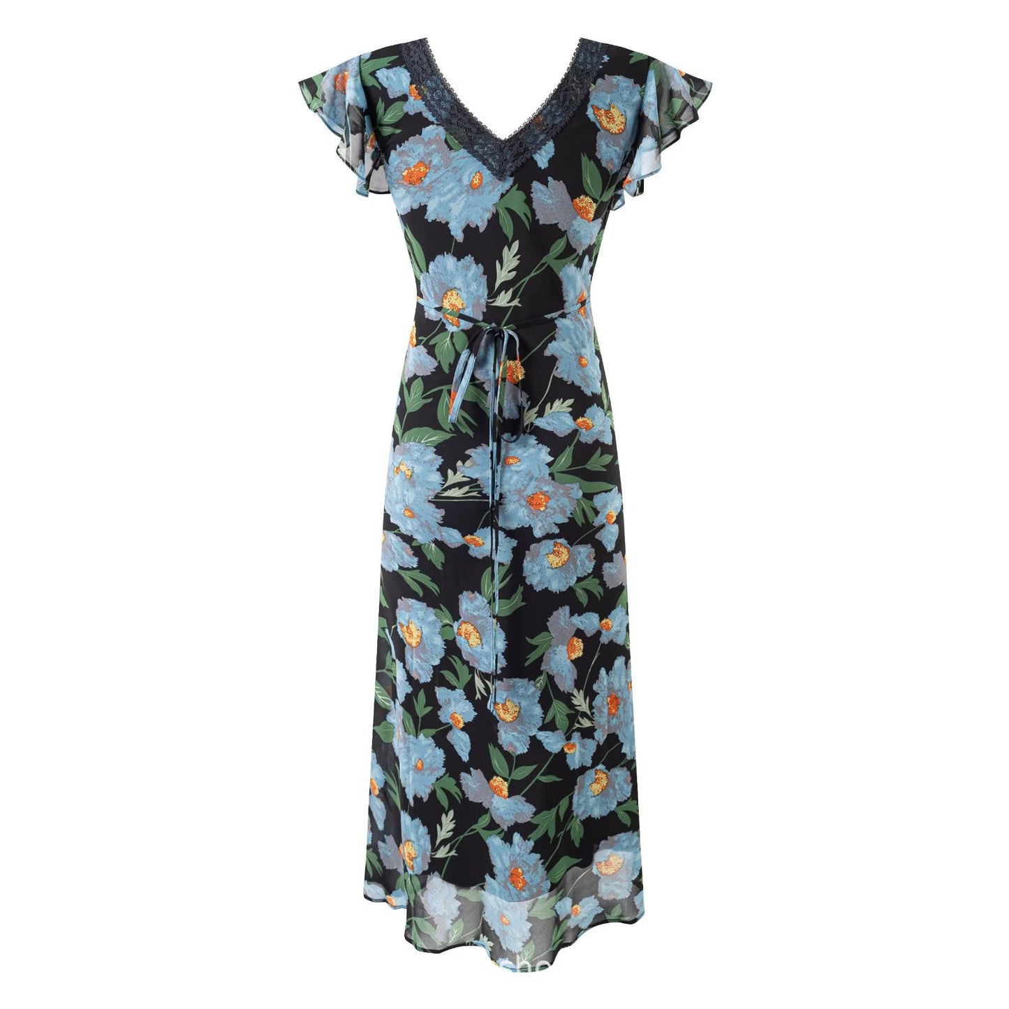 Jurk met bloemenprint en korte ruchesmouwen