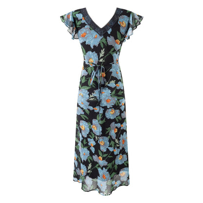 Jurk met bloemenprint en korte ruchesmouwen