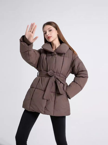 Mid-length womens winter coat with belt