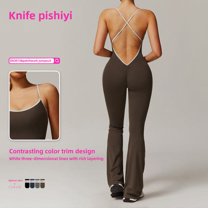 Womens Cross-Back Yoga Jumpsuit Flared Leggings