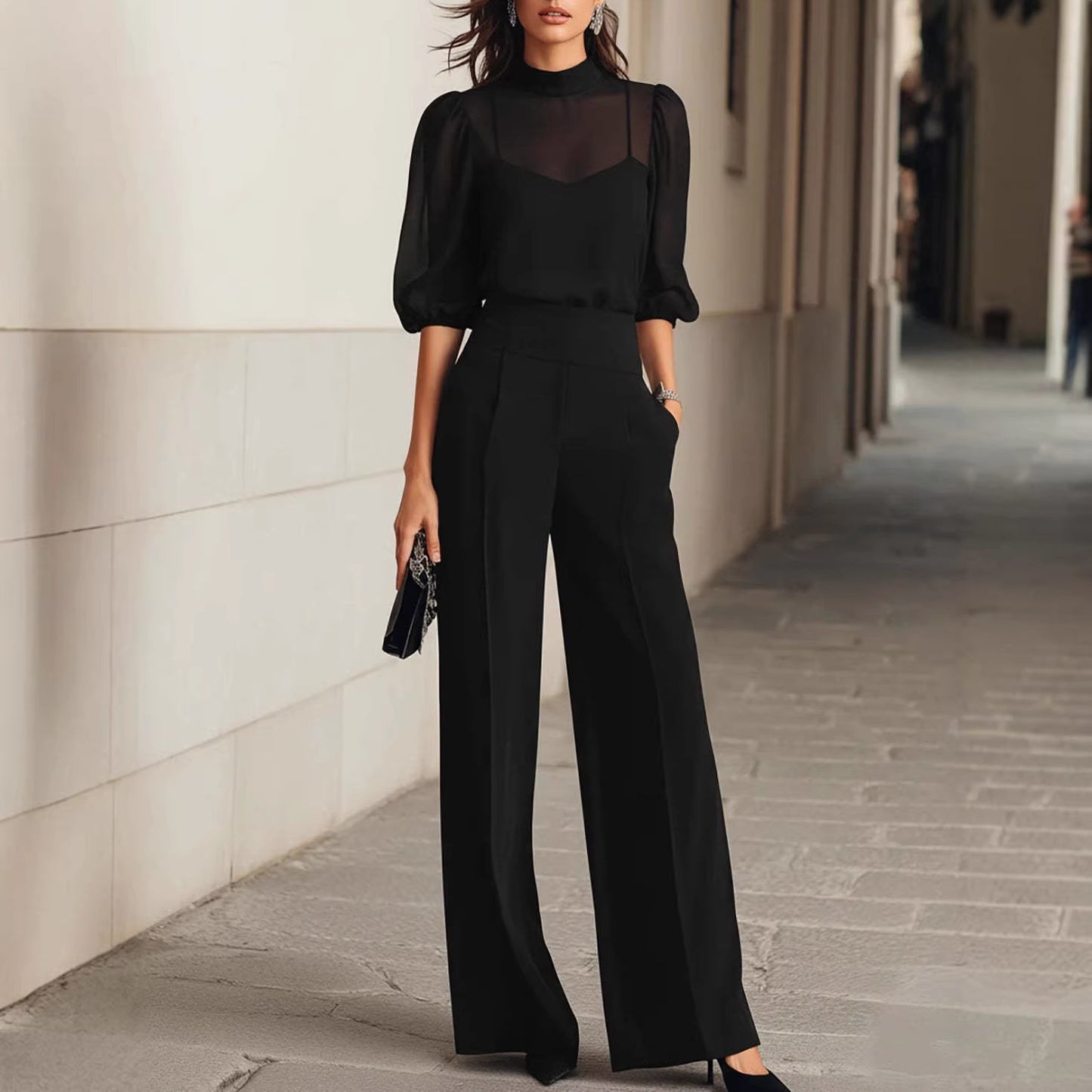 Womens Printed Short Sleeve Wide Leg Pants Set