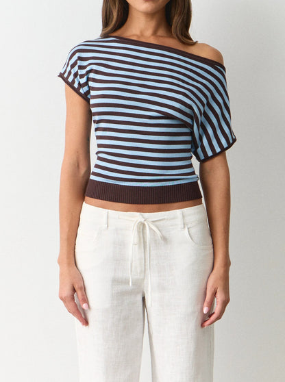 Retro Off-Shoulder Striped Knit Top