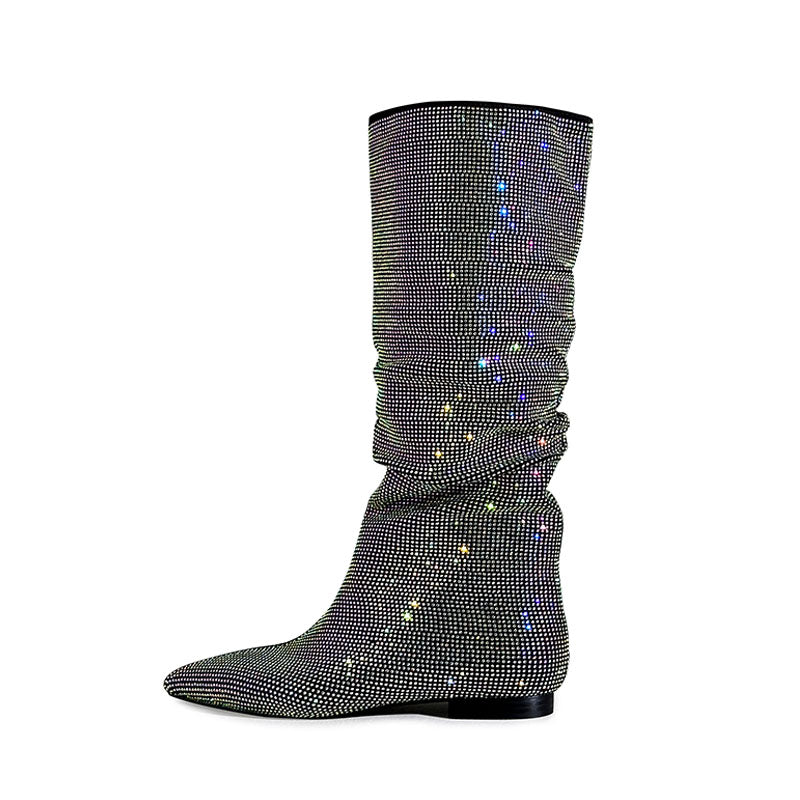 Pointed Flat Rhinestone Suede High Boots