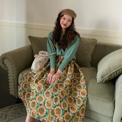 Gebloemde retro jacquard vest en hoge taille midi-rok/ of als set