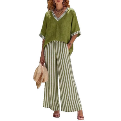 Linen-Cotton Set: Loose V-Neck Short-Sleeve Top and Striped Wide-Leg Pants