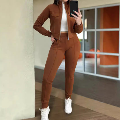 Effen kleur dames casual lange mouwen vest en broek tweedelig set