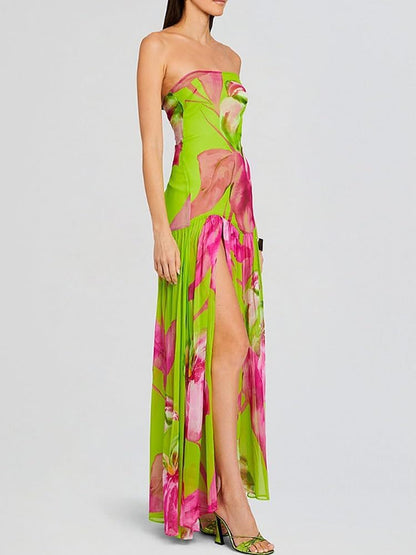 Women's Printed Tube Top Sleeveless Slit Dress