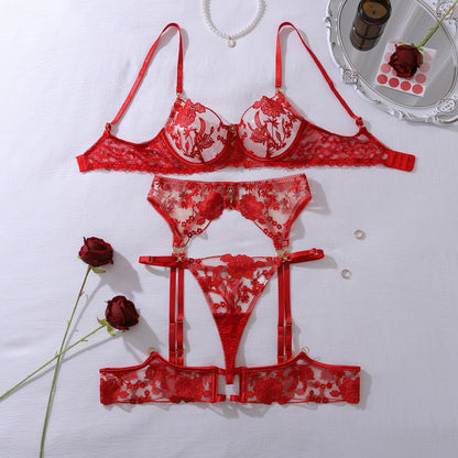 Geborduurde kanten 3-delige lingerie set met of zonder kralen