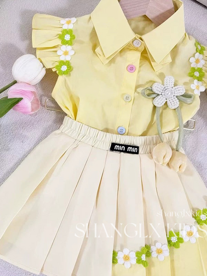 Girls Preppy Floral Pleated Outfit