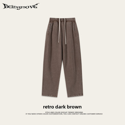 Retro Washed 400g Fleece Lined Curved Cut Straight Leg Sweatpants for Men
