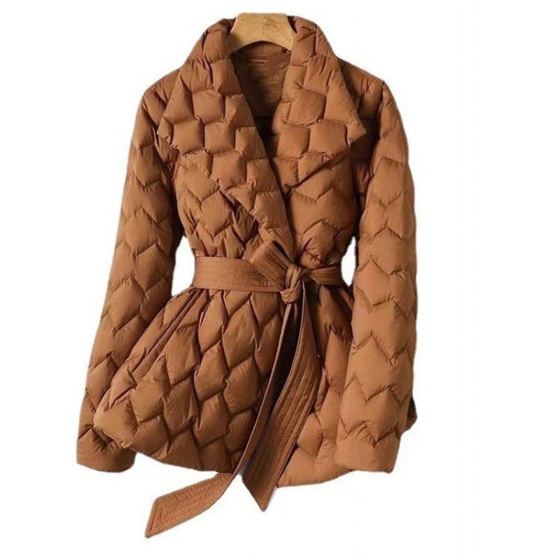 Women's Waist-Cinching Geometric Pattern Cotton Padded Coat