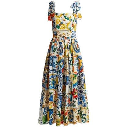 Maxi-jurk met bloemenprint spaghettibandjes strik en uitlopende rok