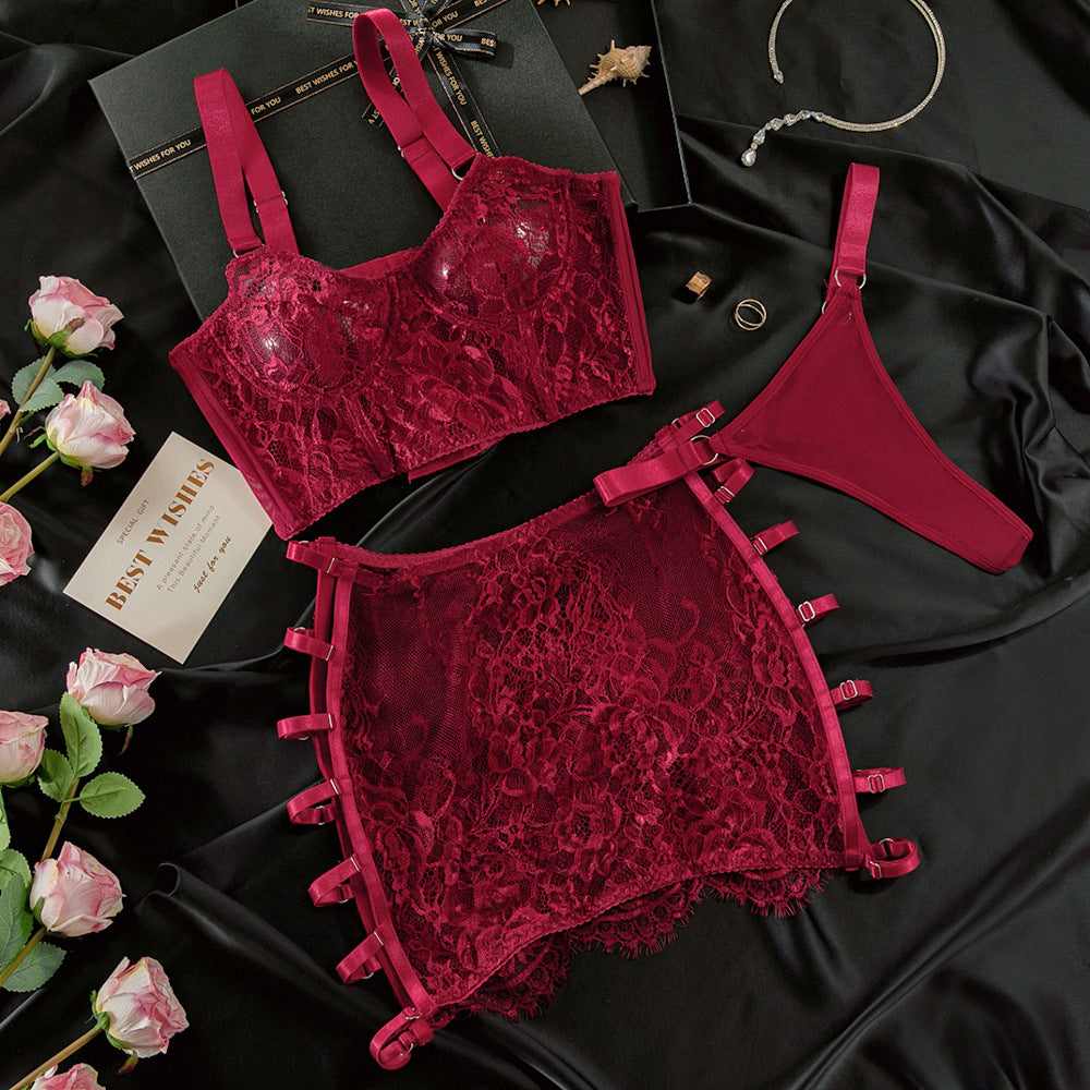 Embroidered Mesh Underwear Set with Steel Rings