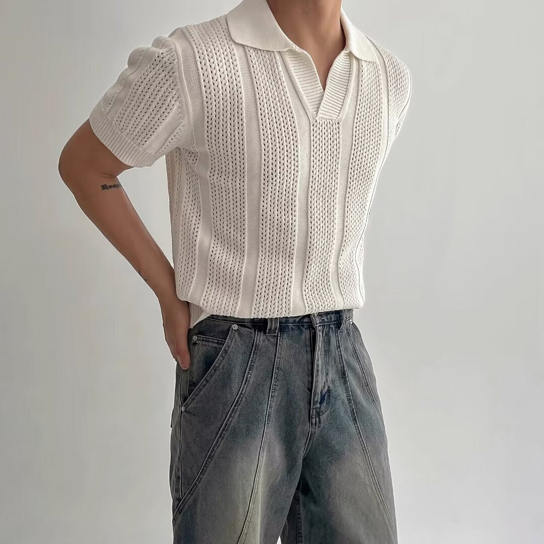 Men's Cut Out Mesh Texture Knitted Short Sleeve Polo Shirt