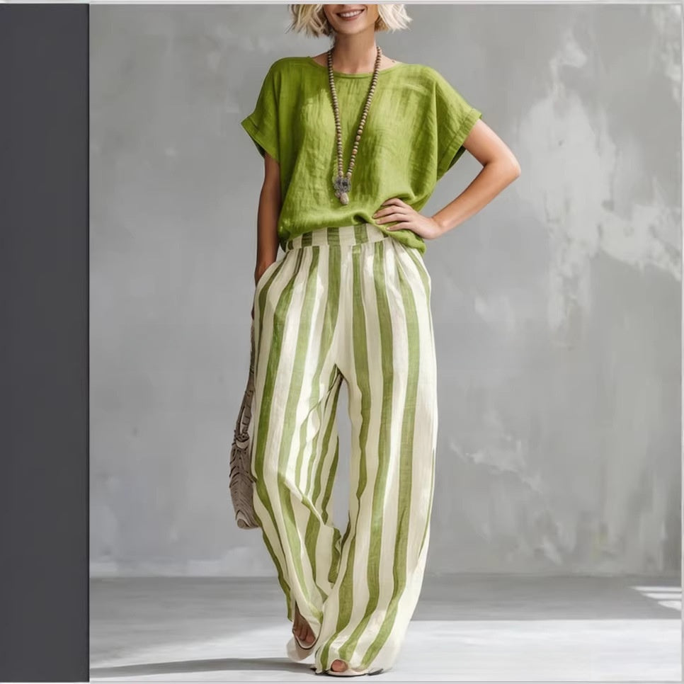 Summer New Comfortable Classic Striped Cotton-Linen Two-Piece Set