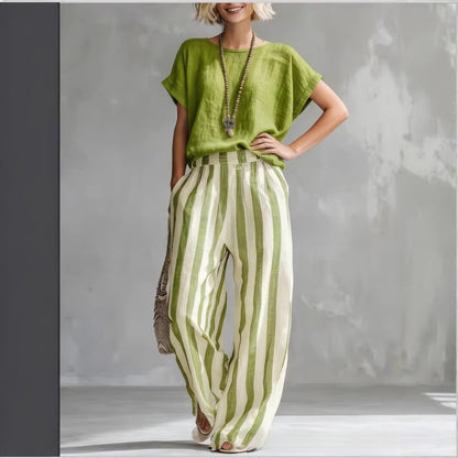 Summer New Comfortable Classic Striped Cotton-Linen Two-Piece Set