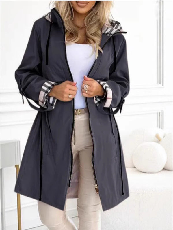 Women's Hooded Plaid Printed Windbreaker Coat