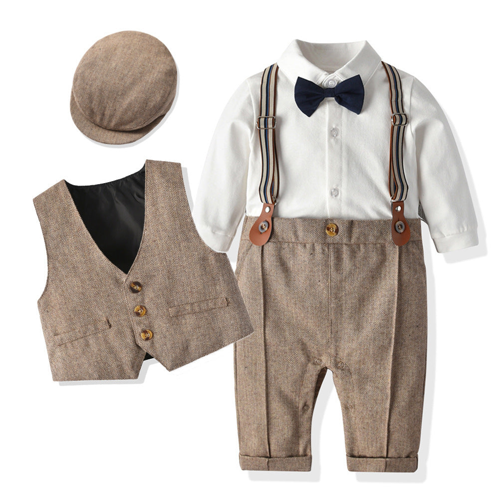 Boys Gentleman Suspender Romper Vest Set Short Sleeve Bow Tie Casual Two Piece Outfit