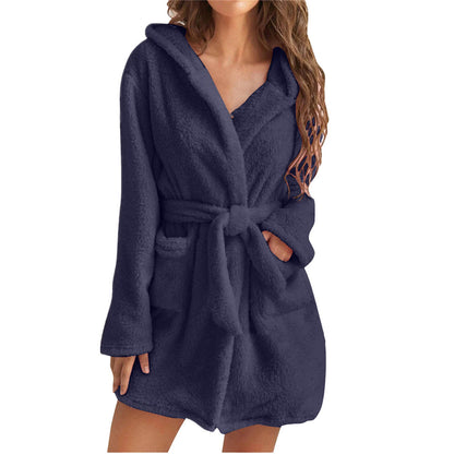 Womens Plush Hooded Bathrobe Warm Homewear