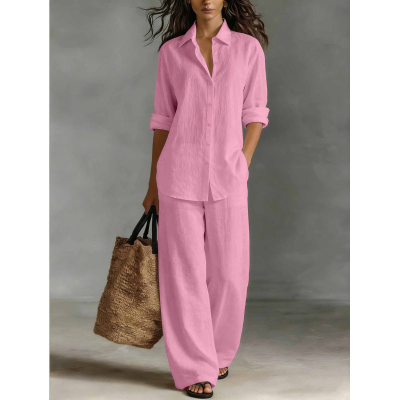 Casual katoen-linnen blouse en broekset voor dames