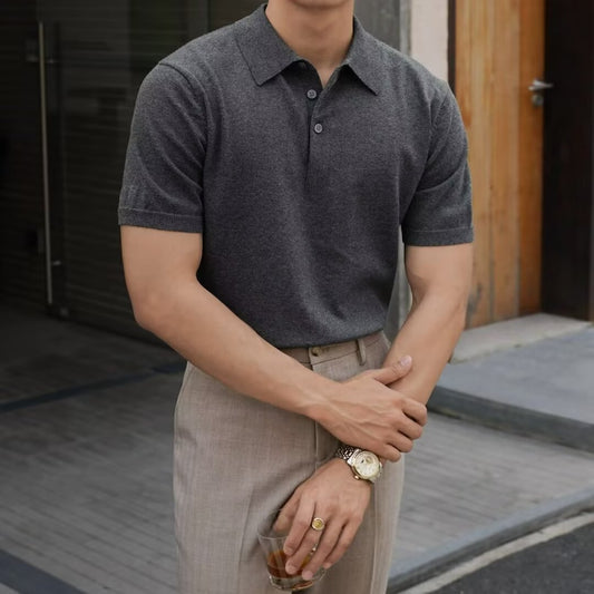 Fashion Casual Lapel Pure Color Polo Shirt Casual Knitted Short-Sleeved Men's Summer New Breathable Trendy Men's T-Shirt