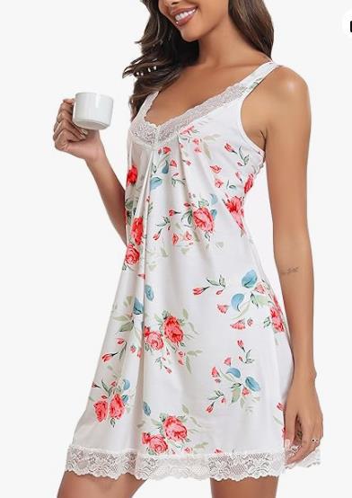 Womens Modal Lace V Neck Sleeveless Nightdress Loose Sleepwear