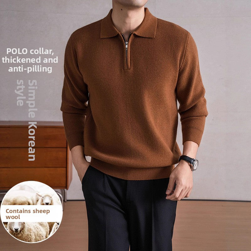 Men's Zippered Sheep Wool Blend Thickened Knit Sweater with Anti-Pilling Feature