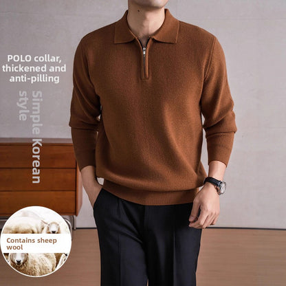 Men's Zippered Sheep Wool Blend Thickened Knit Sweater with Anti-Pilling Feature