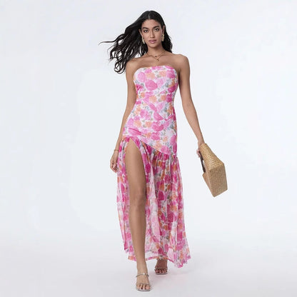 Women's Printed Tube Top Sleeveless Slit Dress