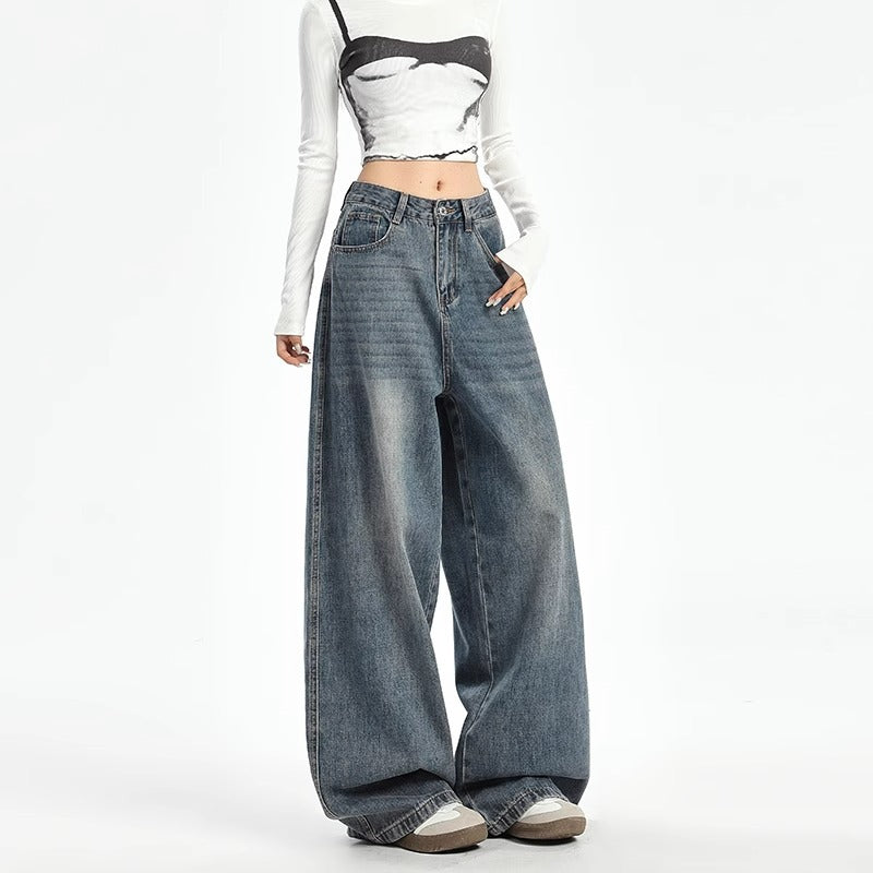 Women's Plus Size High-Waist Wide-Leg Vintage Blue Denim Jeans