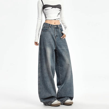 Women's Plus Size High-Waist Wide-Leg Vintage Blue Denim Jeans