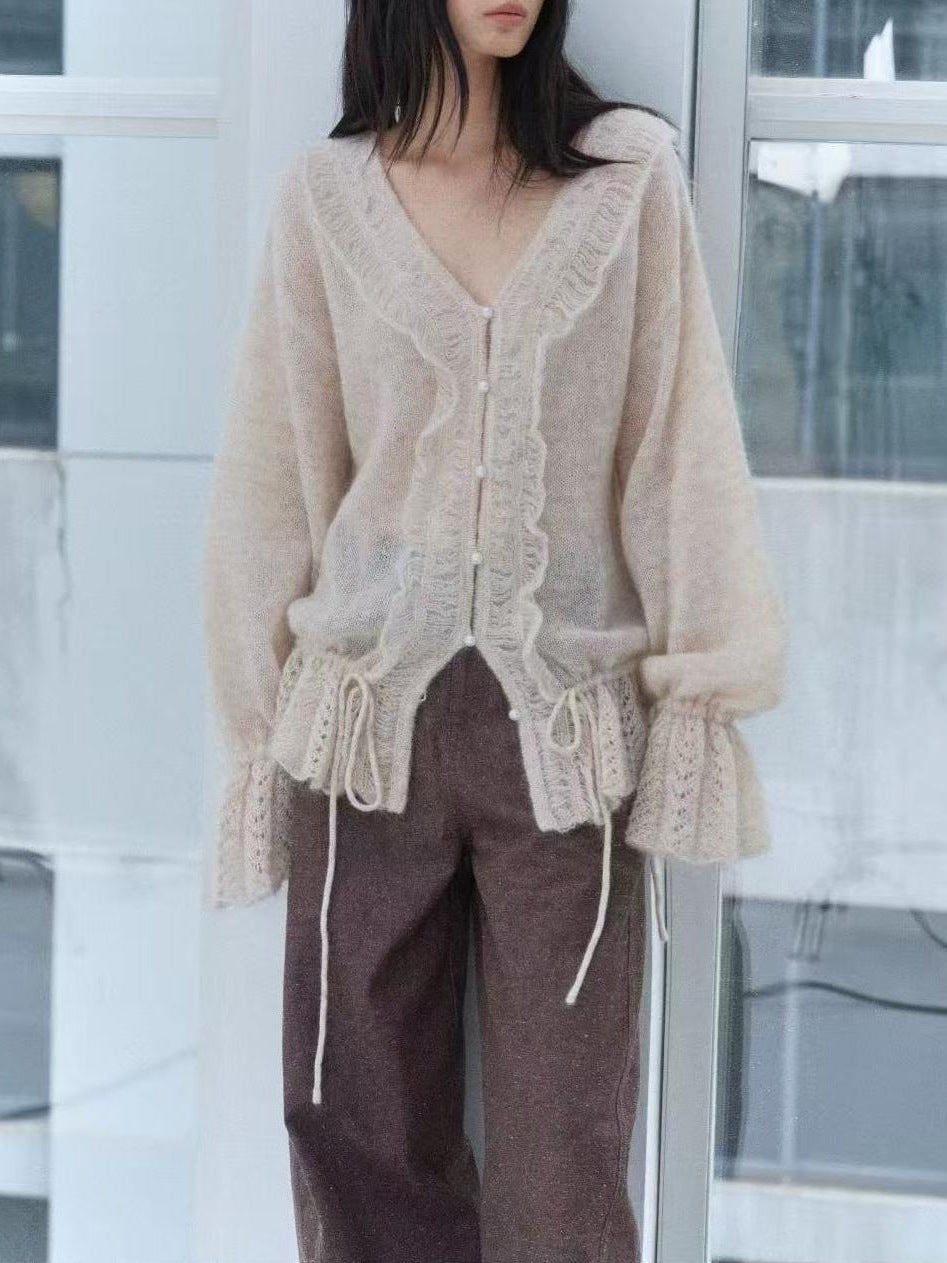 Oversized Mohair Wool Blend Cardigan Sweater with Pearl Buttons