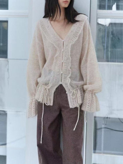 Oversized Mohair Wool Blend Cardigan Sweater with Pearl Buttons