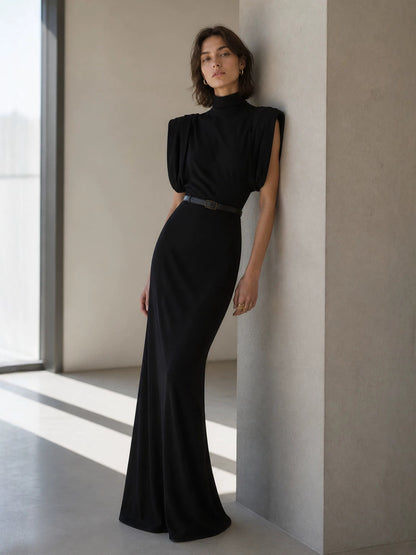 Women's Sleeveless High Neck Evening Party Long Dress with Belt